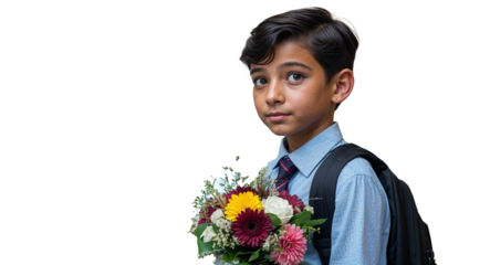 Shy boy holding a bouquet on transparent background