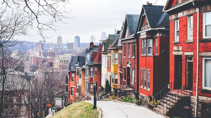 Obraz premium Urban residential street scene with city view.