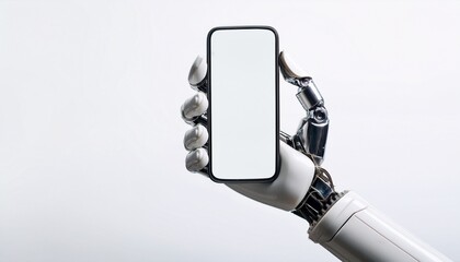 robotic arm or robot hand holding a phone mockup clear screen on white background