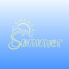 summer text with sun icon behind clouds on blue background