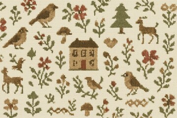 Detailed Textile Design Featuring Natural Elements and Whimsical Creatures in a Rustic Setting with a House and Floral Patterns