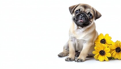 Obraz premium Adorable Pug Puppy with Yellow Sunflowers on White Background