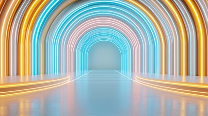 Fototapeta premium Podium stage motivation. A futuristic tunnel with glowing blue and yellow neon arches, reflecting on a polished floor, creates a vibrant and immersive modern pathway.