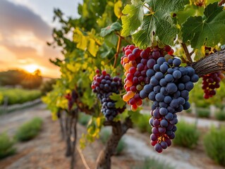 Obraz premium Vineyard at sunset, bunches of grapes