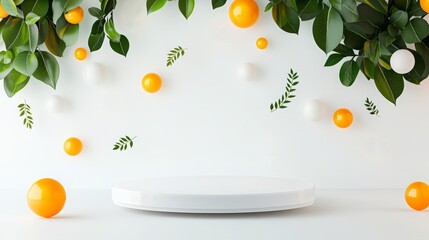 Podium stage motivation. Minimalist white podium with green leaves, yellow and white spheres, and a light, fresh background for product display.