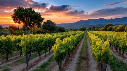 Naklejka premium Vineyard at Sunset
