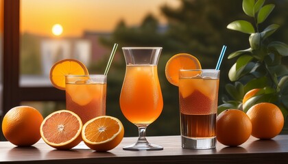 Fototapeta premium a table with three glasses of a drink and two oranges