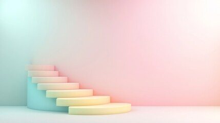Obraz premium Podium stage motivation. Minimalist pastel-colored steps curve upward against a soft, gradient background in a modern, abstract interior scene.