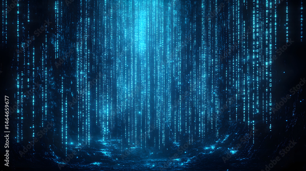Poster futuristic digital rain of blue glowing code characters falling vertically, high-tech cyber stream o