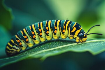 Naklejka premium Macro shot of caterpillar nibbling on edge of leaf, real-time detail and vibrant green tones