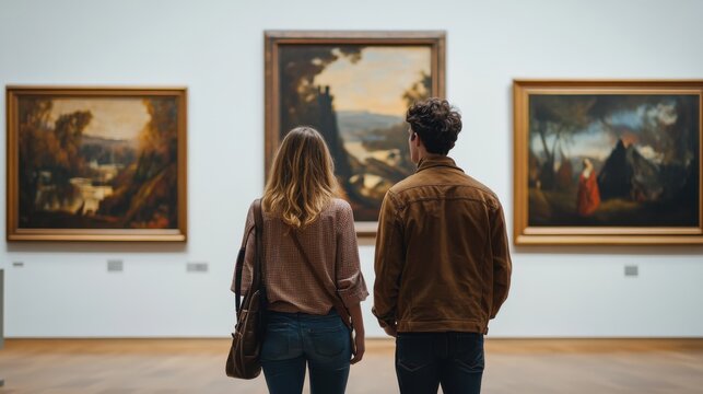 Couple captivated by landscape paintings in a spacious art gallery exhibition