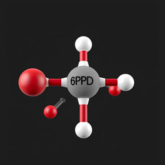 6PPD rubber additive molecule. Toxic to salmon. 3D rendering. Atoms are represented as spheres with conventional color coding: hydrogen (white), carbon (grey), oxygen (red), nitrogen (blue).