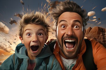 Father and son smiling on adventure trip