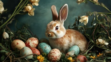 Easter bunny amidst painted eggs, flowers, nest