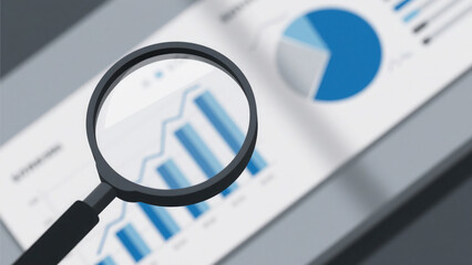 Analyzing business reports with magnifying glass showing blue charts for data examination