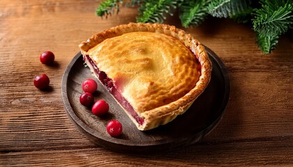tourtiere pie with a flaky golden crust on a wooden table with a side of cranberry for food blogs recipe sites or articles about baking and comfort food