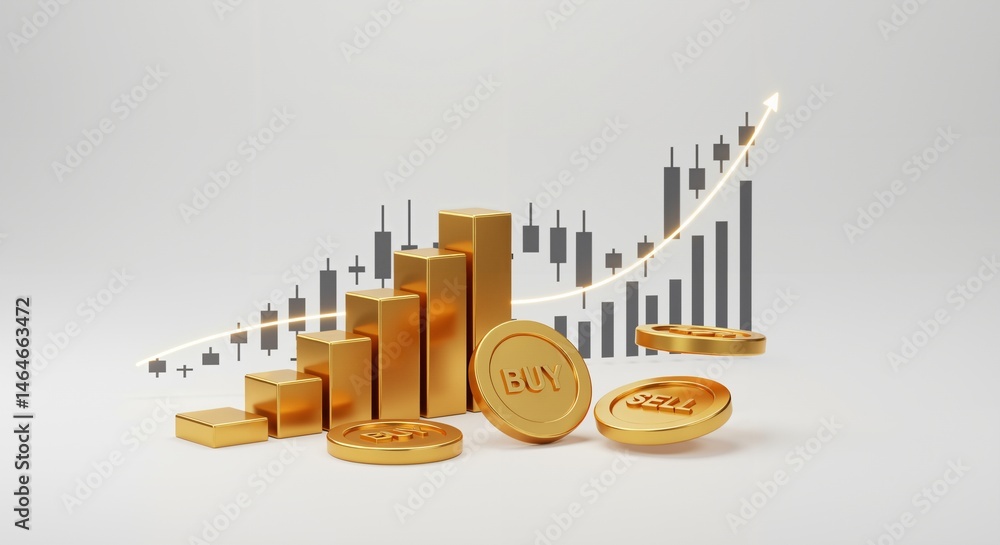 Poster a dynamic visualization of financial growth represented through gold coins and bar graphs with a pos