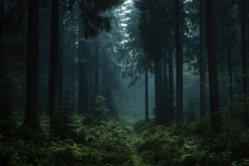 Fototapeta premium Misty, dark forest path