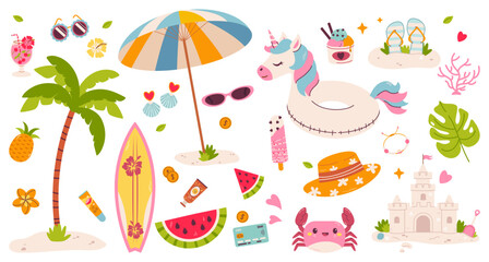 Cute Summer beach stickers. Icons, signs, banners. Fun holiday elements: swimsuits, palm trees, floaties, food, surfboards, ice cream, and vacation accessories. Summer collection