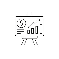 Fototapeta premium Minimal line icon of a business presentation board showing financial growth, bar chart, and dollar sign—ideal for finance, investment, and economic presentations.