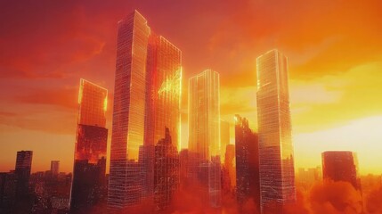 A futuristic cityscape bathed in fiery sunset hues.