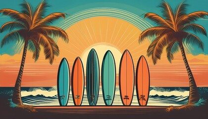 vintage surfboards palm trees summer vacation poster