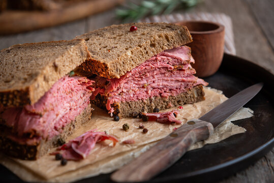 Pastrami sandwitch, sliced pastrami meat with bread