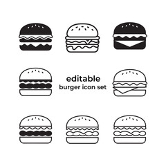 set of different types of burger icons vector outline and line art design illustrations