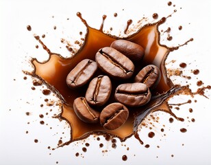 coffee beans surrounded by coffee splashes isolated on a white background