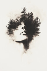Fototapeta premium Surreal Artistic Portrait With Forest Elements Within Silhouetted Face