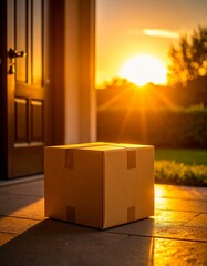 Cardboard Delivery Box on Doorstep – Realistic Home Delivery, Close-Up