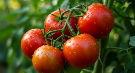 Fresh Tomatoes Growing with Water Droplets on Vine