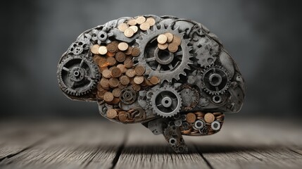 Fototapeta premium Conceptual Brain Structure Made of Gears and Coins Symbolizing Innovation, Thinking, and Resourcefulness in a Creative and Abstract Design