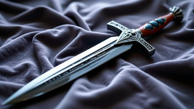 A detailed decorative sword with engravings on the blade lies on a smooth, folded fabric background.