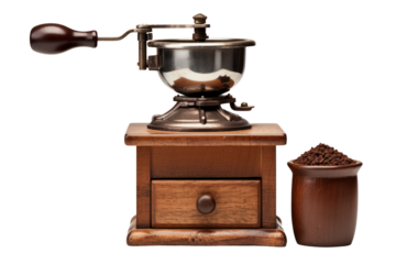 Vintage Coffee Grinder: a still life shot showcasing a classic vintage coffee grinder on a wooden stand, with a container of roasted coffee beans adding an element of rustic charm.