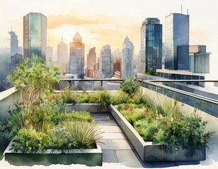rooftop gardens with city views in watercolor style