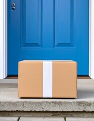 Cardboard Delivery Box on Doorstep, blue door