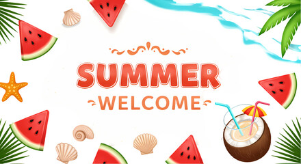 Summer Welcome Tropical Background Design with Watermelon and Coconut isolated on white background