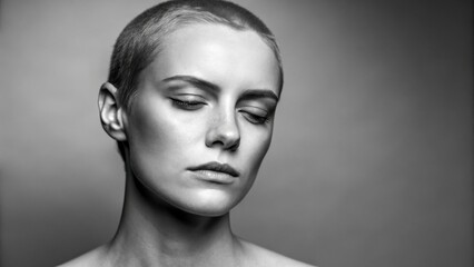 Fototapeta premium pride arts identity minimalist A serene portrait of a woman with a shaved head, showcasing calmness and introspection in black and white.