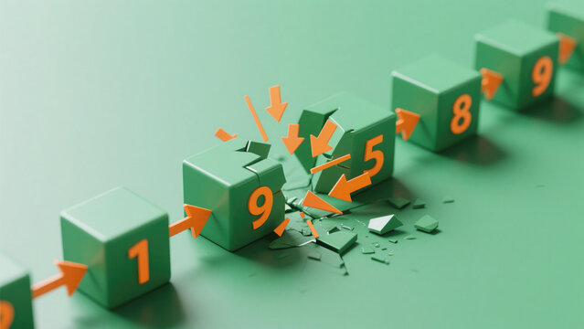 Conceptual illustration of a step by step process with broken cubes and arrows suggesting failure