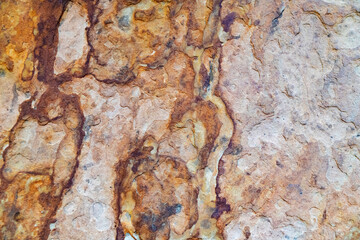 close-up view of layered sandstone with rich brown and orange tones,