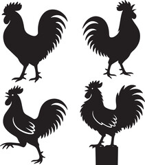 Black and White Silhouettes of Roosters in Various Poses – Standing, Crowing, Walking, and Perched on a Wooden Post – Isolated on White Background