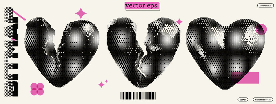 Exploration of digital art showcasing fragmented hearts reflecting themes of love and loss in a y2k style