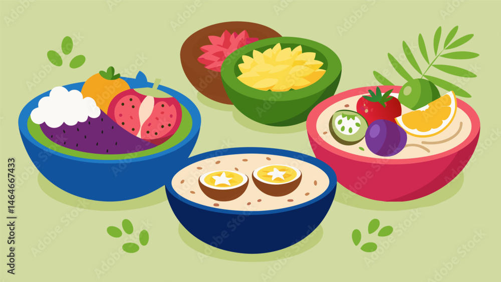 Poster a colorful mix of smoothie bowls each adorned with a variety of toppings such as sliced fruit coconu