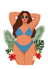 Adobe Illustrator Artwork vector flat illustration of a confident plus-size woman in a swimsuit with tropical flowers and leaves. Celebrates body positivity and summer beauty