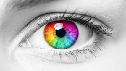 pride arts identity minimalist Vibrant, colorful eye with a detailed iris, set against a monochrome background.