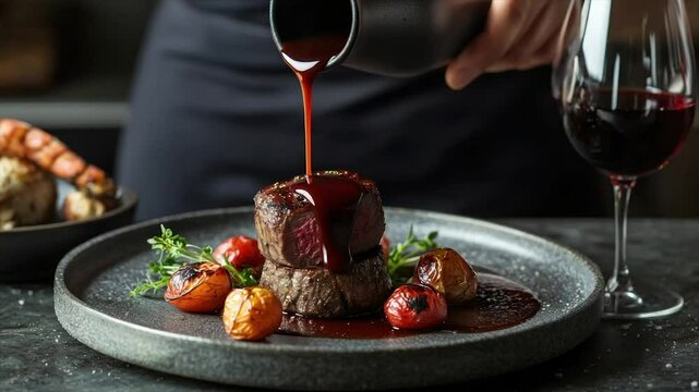 Gourmet beef filet mignon with rich sauce, garnished with roasted cherry tomatoes and herbs