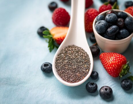 healthy gut foods flat lay for world digestive health day close up of spoon with yogurt chia seeds and berries for digestive wellness - Powered by Adobe