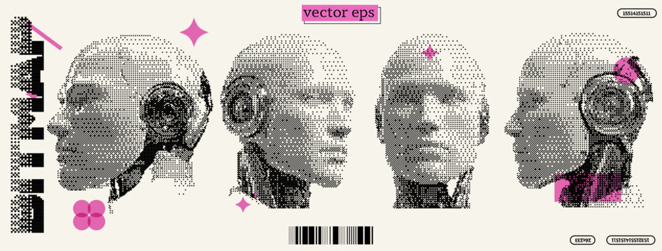 Exploration of pixel art in contemporary design featuring robotic heads with a y2k aesthetic and dada influences