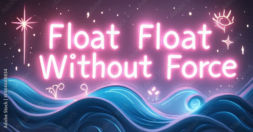 Poster bright neon sign displays text over wavy blue shapes. stars sparkle above words, creating vibrant vi